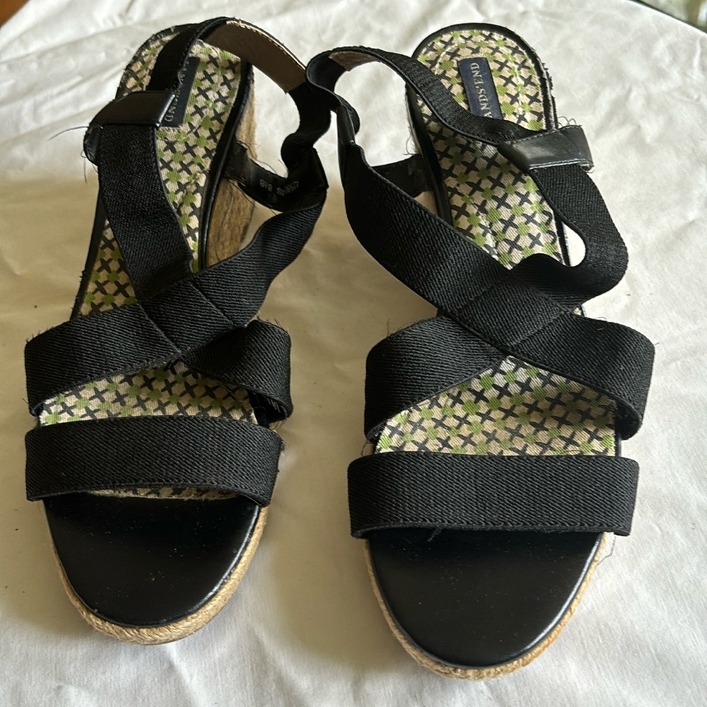 Lands End Black Elasticized Strap Wedge Sandals